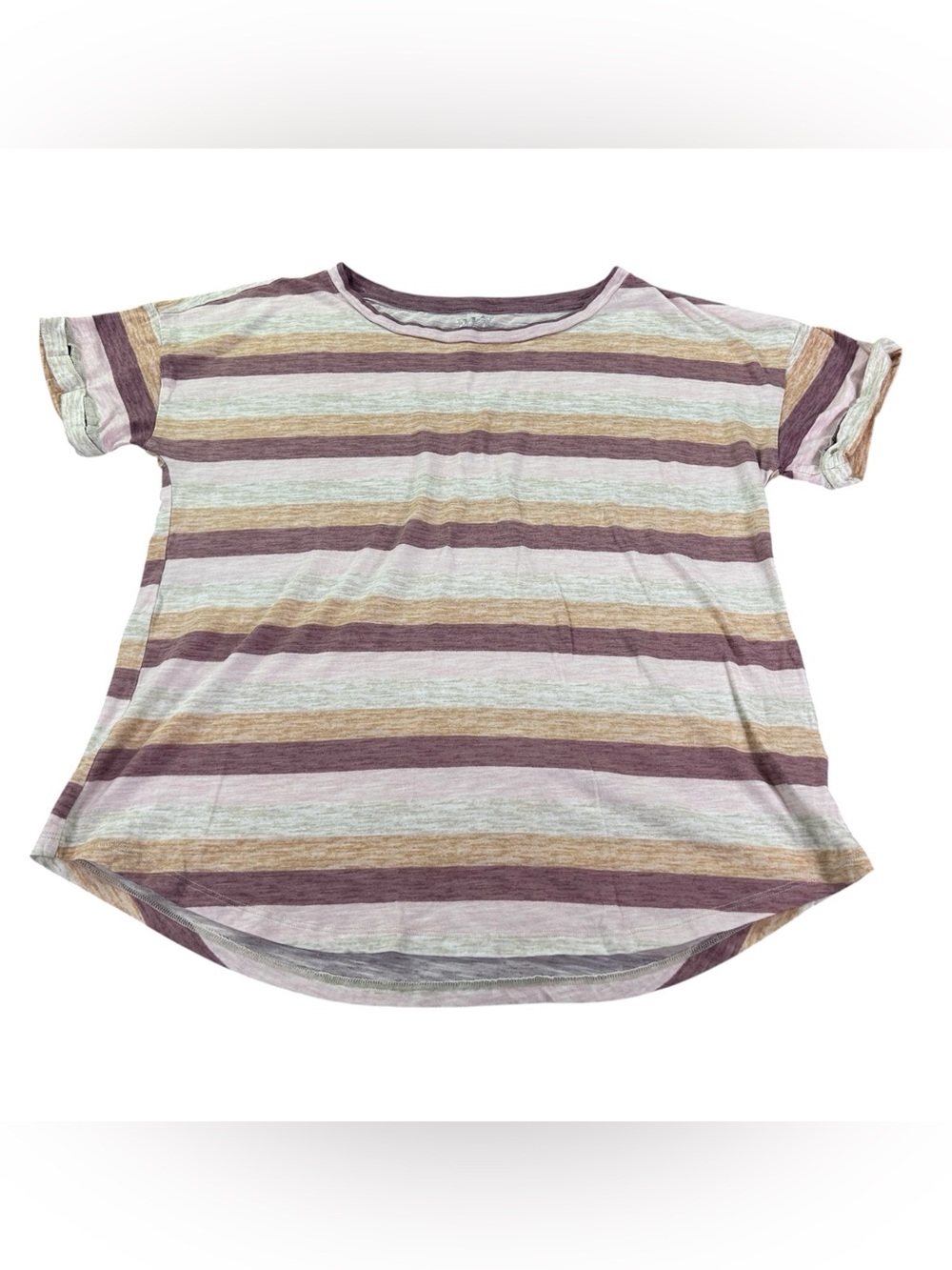 24/7 Comfort Apparel Striped Tee Women’s L Relaxed High Low Curved Hem Coastal